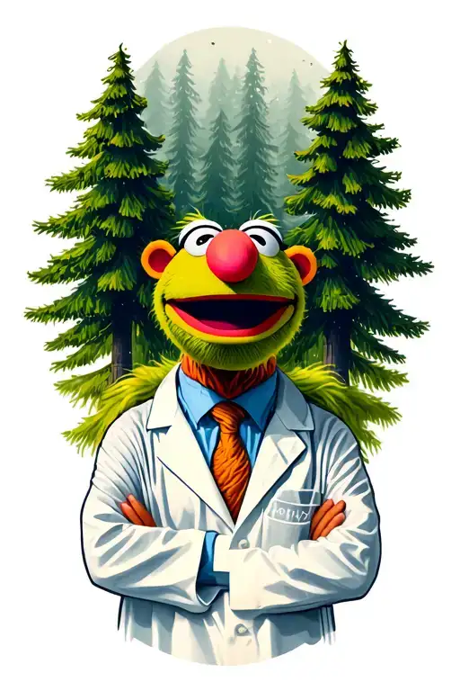 Muppet Wearing A Lab Coat With A Tall Pine Trees
