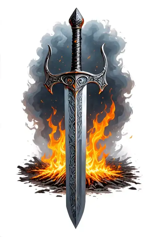 Excalibur Sword Piercing Flames On The Ground