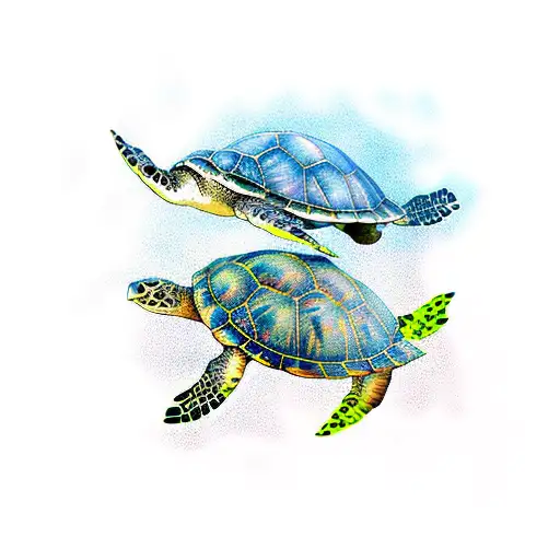 Sea Turtle And Sting Rays Swimming Together