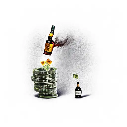 Whisky Bottle With A Stack Of Money Pouring Out Of It