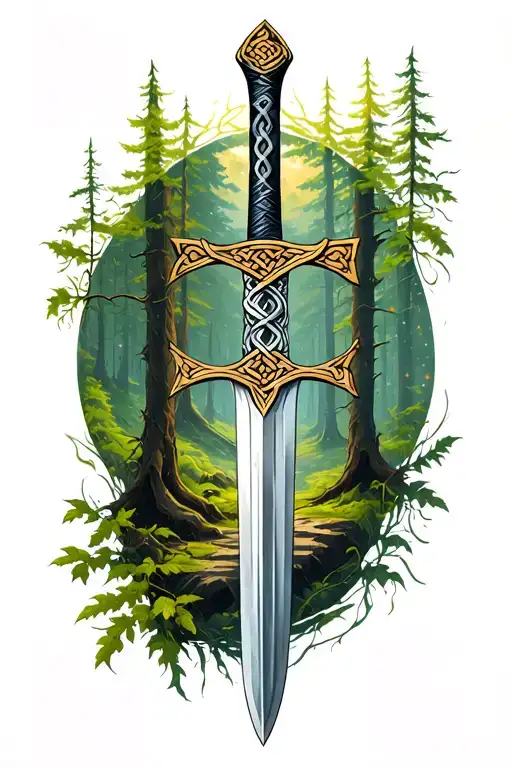 Celtic Sword Tattoo With Background With Forest Landscape