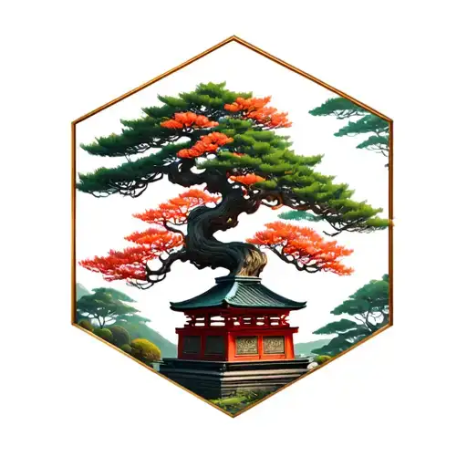Japanese Shrine With Bonsai Tree Inside A Hexagon