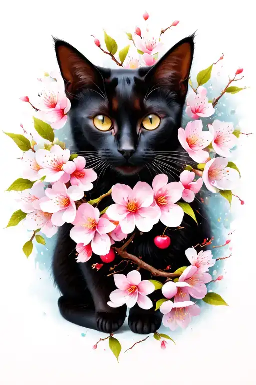 Black Cat With Cherry Blossoms