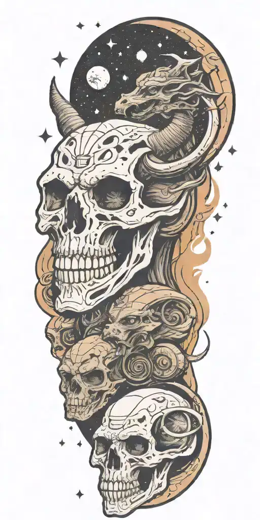 Minotaur Head Above Female Alien Heads With Space As The Background