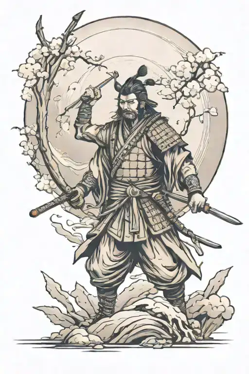 Samurai With Two Swords Walking Into A Blood Moon