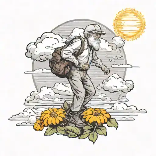 Old Man Walking In The Clouds Surrounded By Marigolds With A Sun Shining On Him