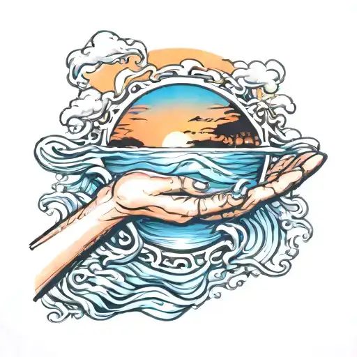 Feminine Hands Holding Water With A Sunset Inside Symbolizing