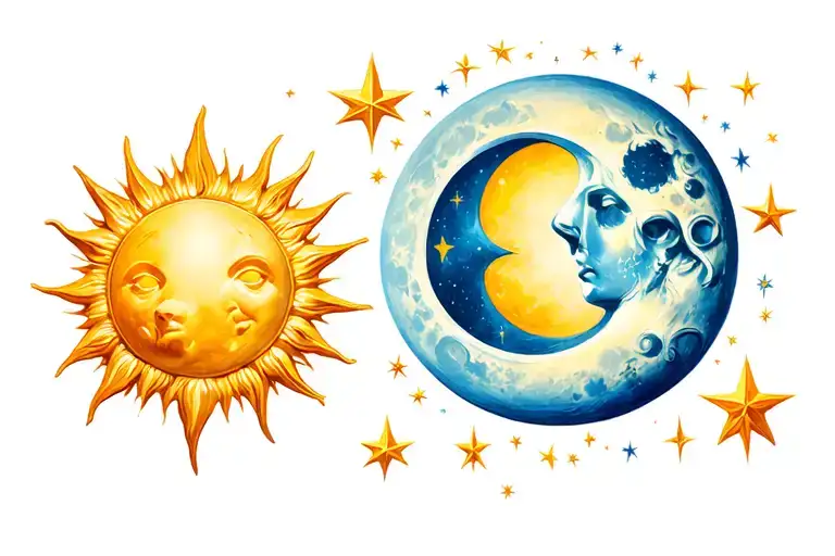 Sun And Moon Surrounded By Stars Shining