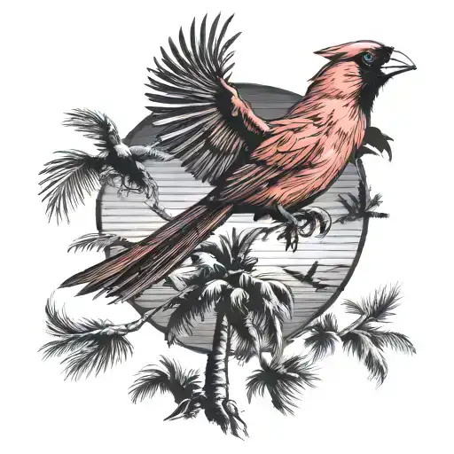 Cardinal Flying Blowing Palm Tree