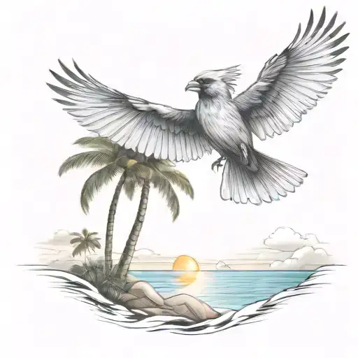 Flying Cardinal To The Ocean And Palm Tree