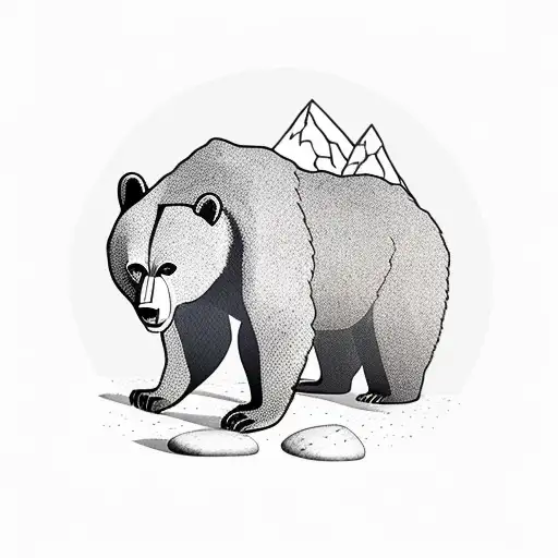 A Bear Walking On A Stone Beach Against The Background Of Mountains