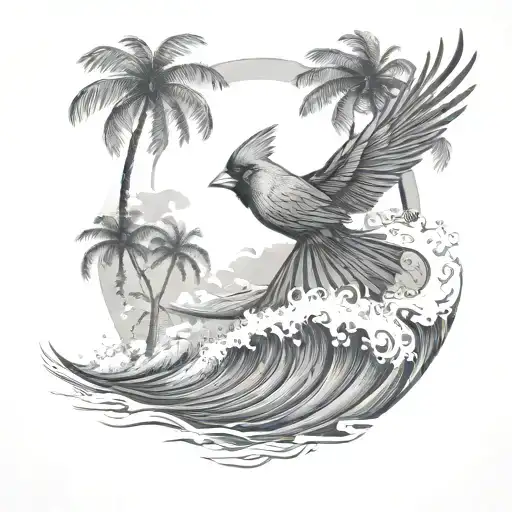 Cardinal Flying Under An Ocean Wave With Palm Tree Background