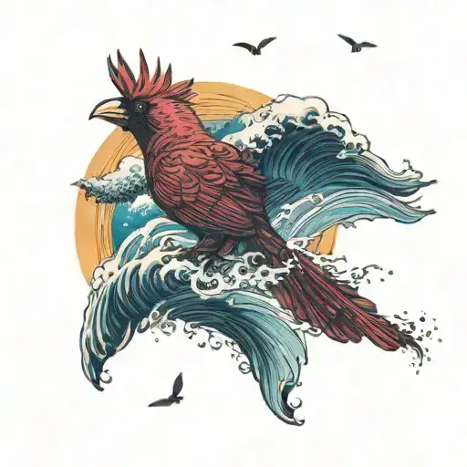 Cardinal Flying Under An Ocean Wave With Palm Tree Background