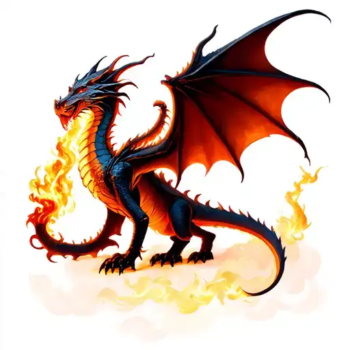 Medieval Fire Breathing Dragon Wings Spread Red Gold