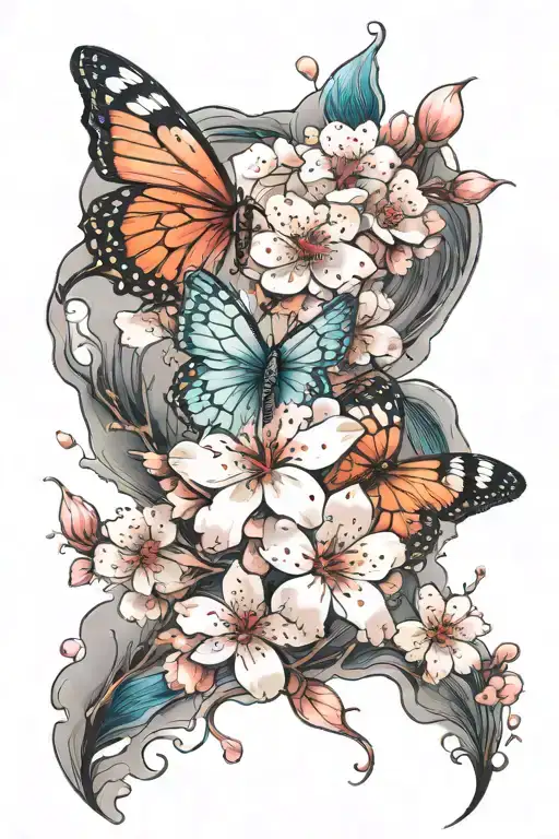 Butterfly With Bright Color Realistic Cherry Blossom