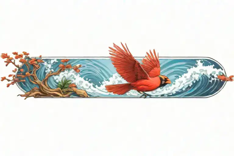 Cardinal Flying Under An Ocean Wave And Plam Tree