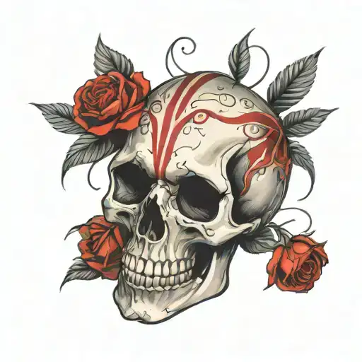 Skull With A Red Stripe Across Its Eyes With Red Roses