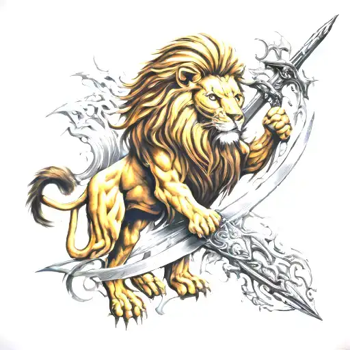Lion With Warrior Wielding A Sword