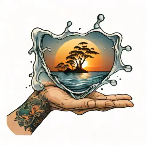 Hand Holding Water With A Sunset Inside Symbolizing