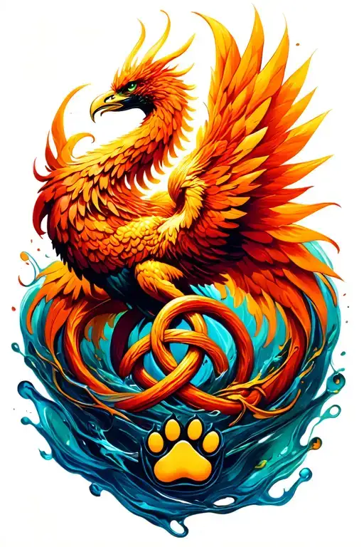 Phoenix Rising From An Abstract Liquid Irish Knot With Three Knots And A Small Paw Print