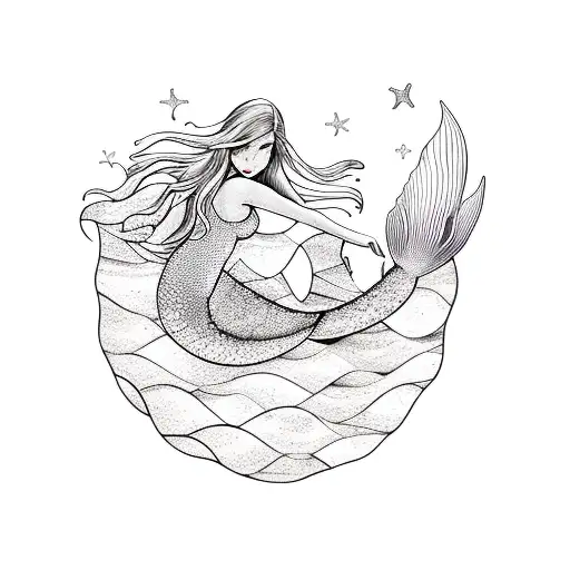 Mermaid Girl Lounging On A Giant Seashell In A Serene Lagoon