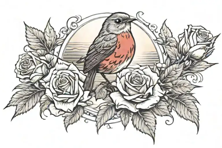 Robin On A Red Rose Behind A Sun Setting Sun