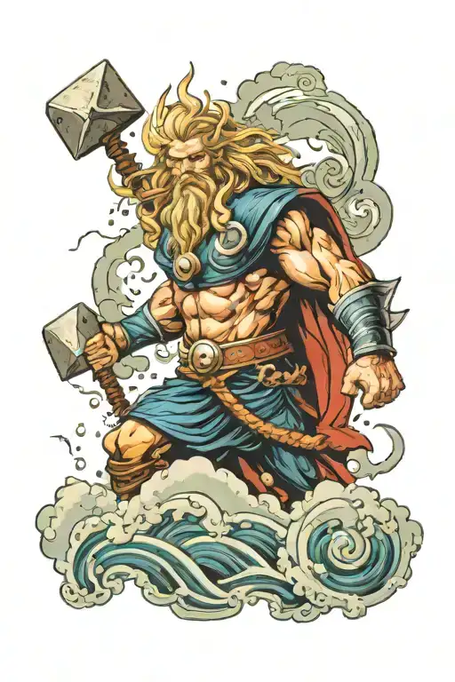 God Of Thunder Above Stormy Sea With Nordic Symbols