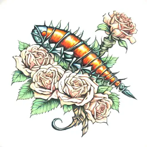Centipede Wrapped Around A Dagger With Roses