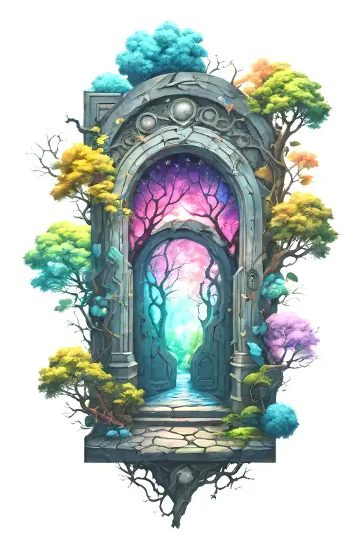 A Door In A Forest That Leads To A Portal To A Galaxy In Space Colorful And Psychedelic