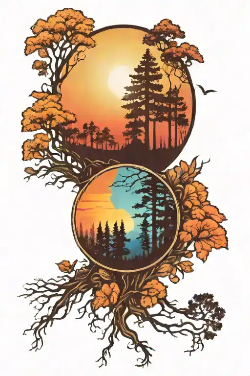 Colored Half Sun Rising With Forest