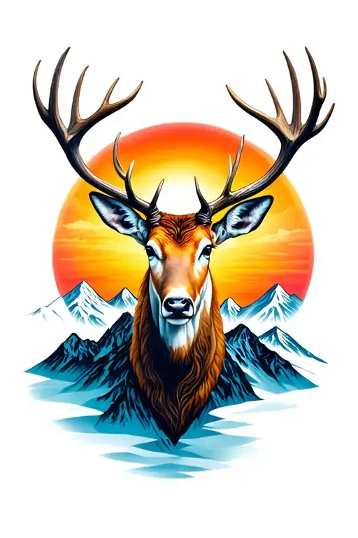 Sun Between Deer Antlers With Mountain Range
