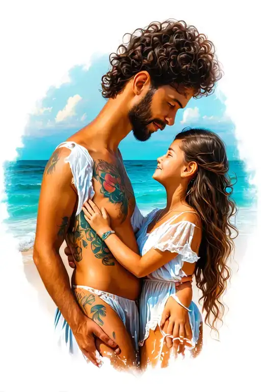 Father Mother And Daughter On The Beach