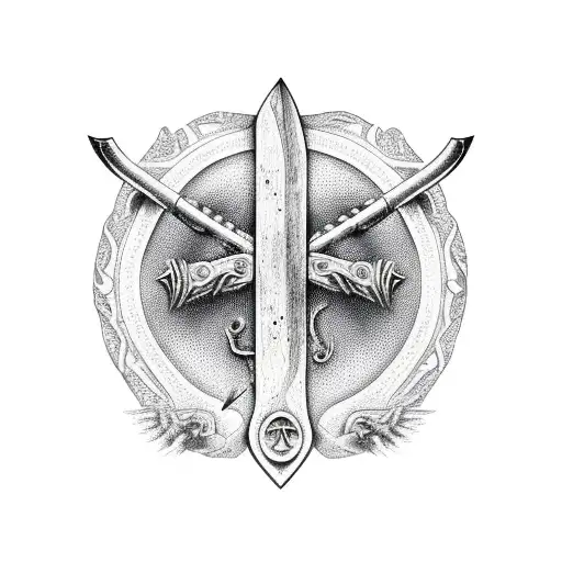 An Intricate Design Featuring A Powerful Axe Surrounded By Symbols Of Strength And Courage