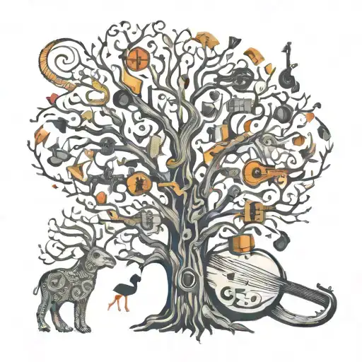 A Tree Of Life With Branches Made Of Musical Instruments And Animals