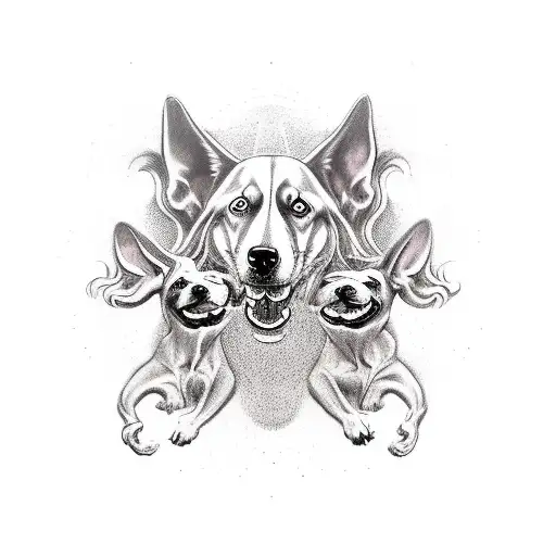 Mythical Dog Cerberus With The Left Head Up And Other Two Heads Down