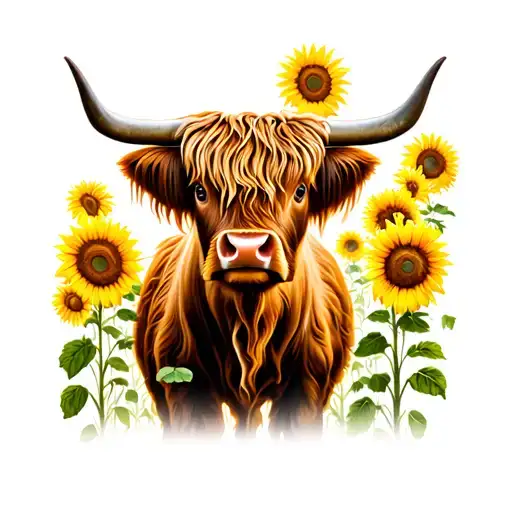 Highland Cow With Sunflowers And Sunflower Pedals All