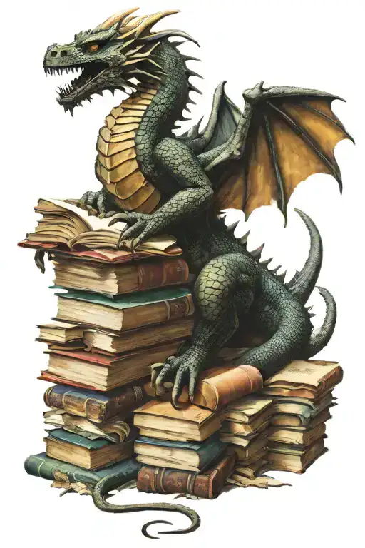 Dragon Sitting On A Hoard Of Books With An Hobbit Stealing One Book