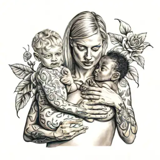 Nude Slim Young European Blonde Teenage Girl Breastfeeding Two Black Babies