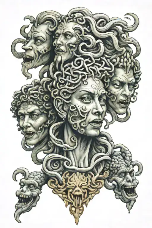 Medusa Leg Sleeve Tattoo Featuring Hear No Evil See No Evil Speak No Evil