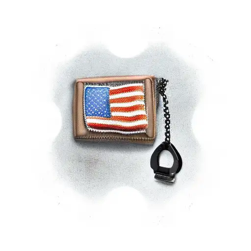 A Cross With Military Dog Tags And Boxing Gloves Hanging Off Clouds And A Pond In The Background