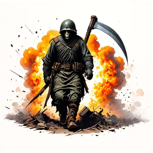 Grim Reaper In An Army Helmet And Uniform Walking Away With A Scythe From An Explosion
