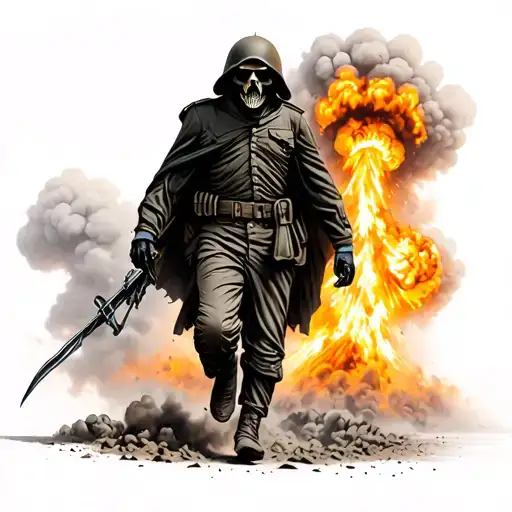 Grim Reaper In An Army Helmet And Uniform Walking Away From An Explosion