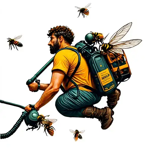 Guy With Backpack Sprayer Trying To Kill Aggressive Bees