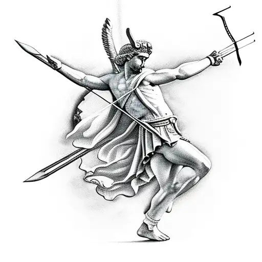 God Apollo With Bow And Arrow And Temple Of Apollo In Background