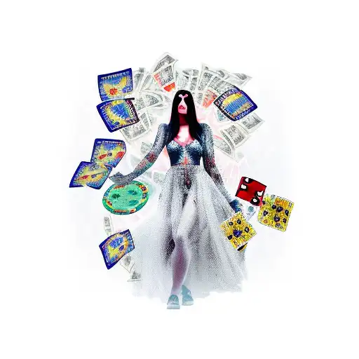 A Demonic Woman Playing An Electric Guitar Surrounded By Money And Gambling Symbols