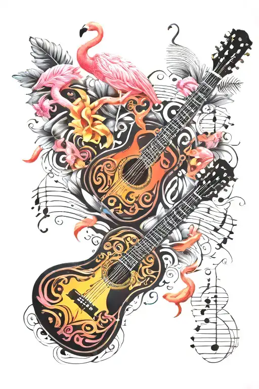 Flaming Acoustic Guitar Surrounded By Music Notes And Flamingos