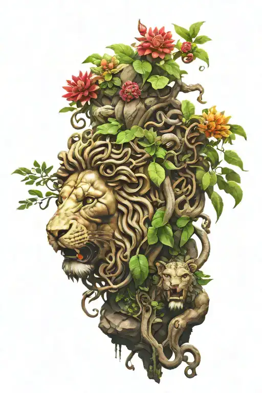 Medusa In Jungle With Stone Statue Lion