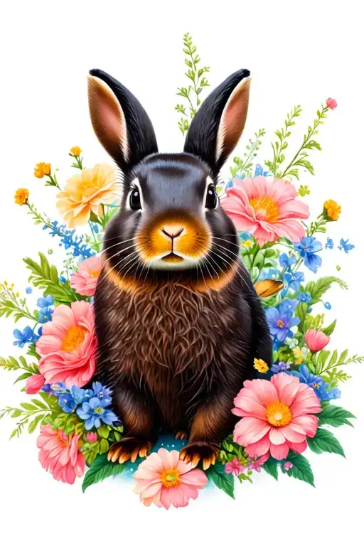 Black Otter Netherland Dwarf Rabbit Surrounded By Flowers