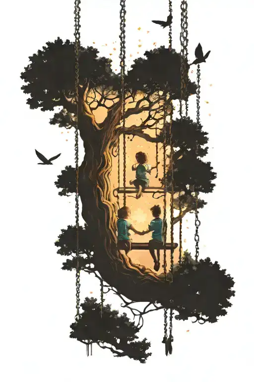 Children On Tree Swing Looking At Star