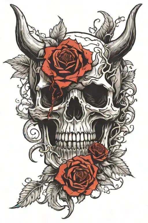 Black And White Shadow Demon Skull Horns Roses Fangs Dark